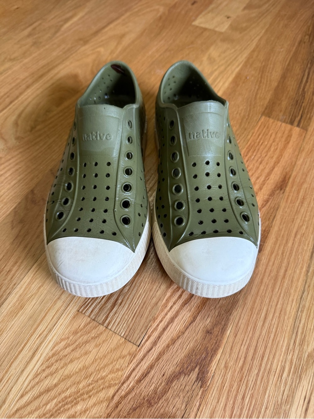 Native Olive Green Slip-On Sneakers with White Toe Cap